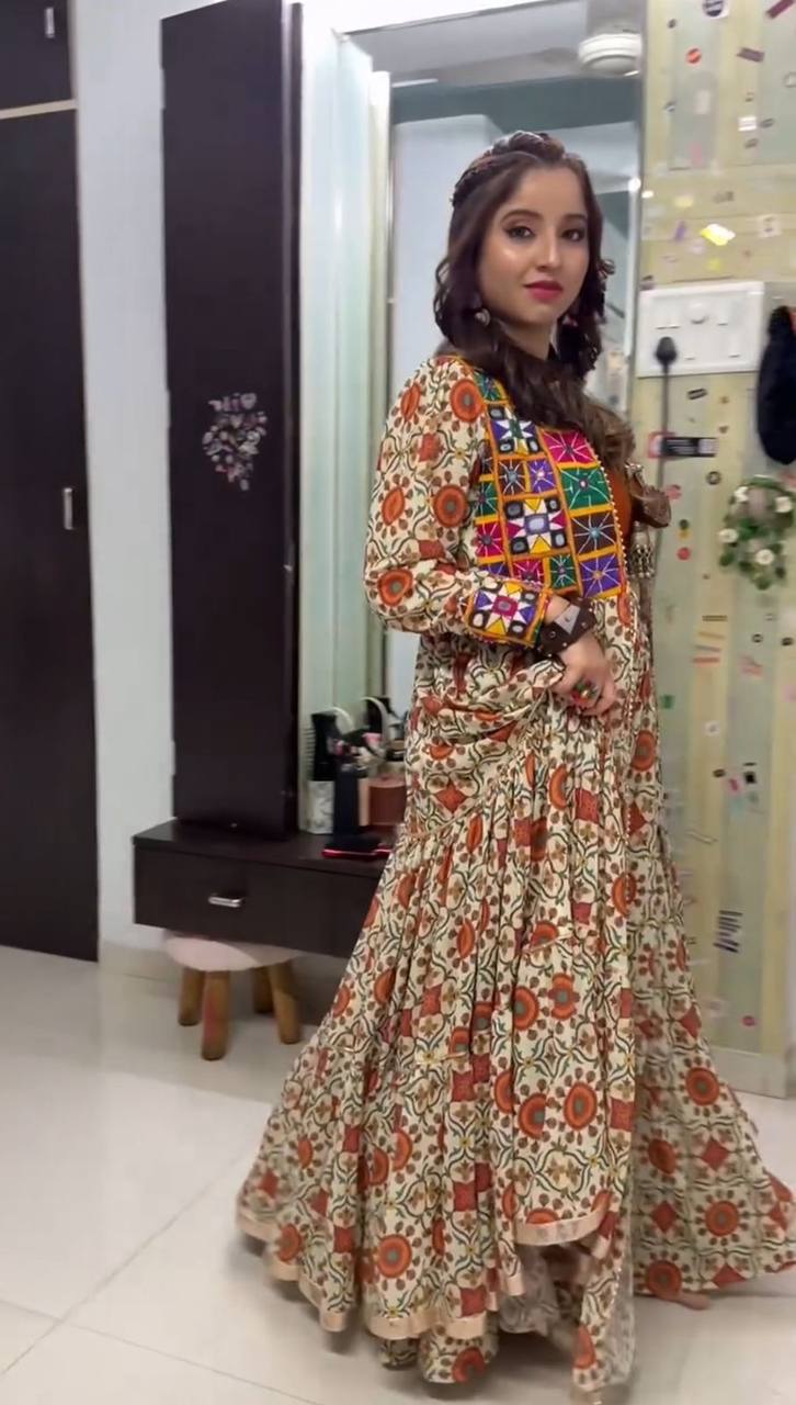 Navratri Collection Cream Color Pure Cotton Designer Lehenga Choli With Shrug
