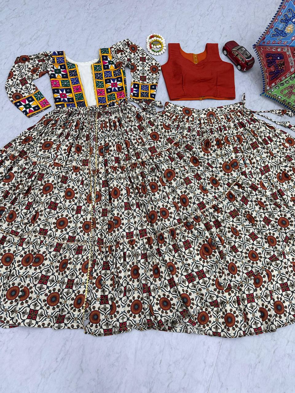 Navratri Collection Cream Color Pure Cotton Designer Lehenga Choli With Shrug