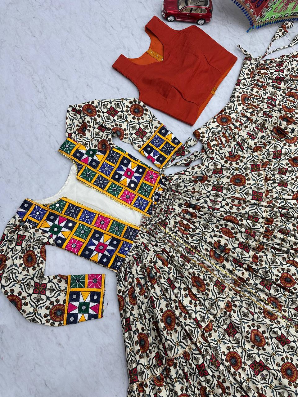 Navratri Collection Cream Color Pure Cotton Designer Lehenga Choli With Shrug