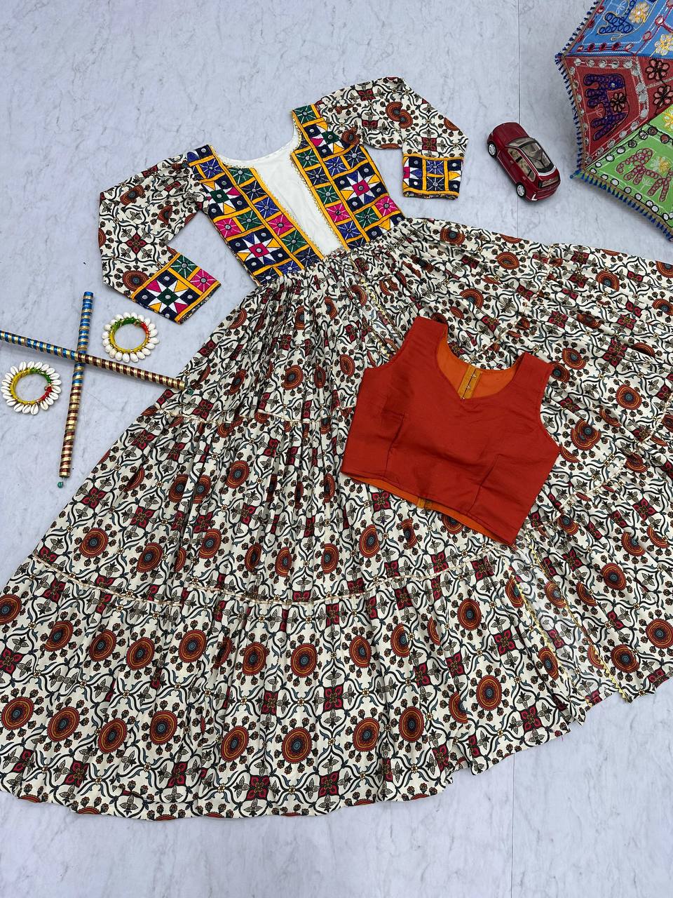 Navratri Collection Cream Color Pure Cotton Designer Lehenga Choli With Shrug