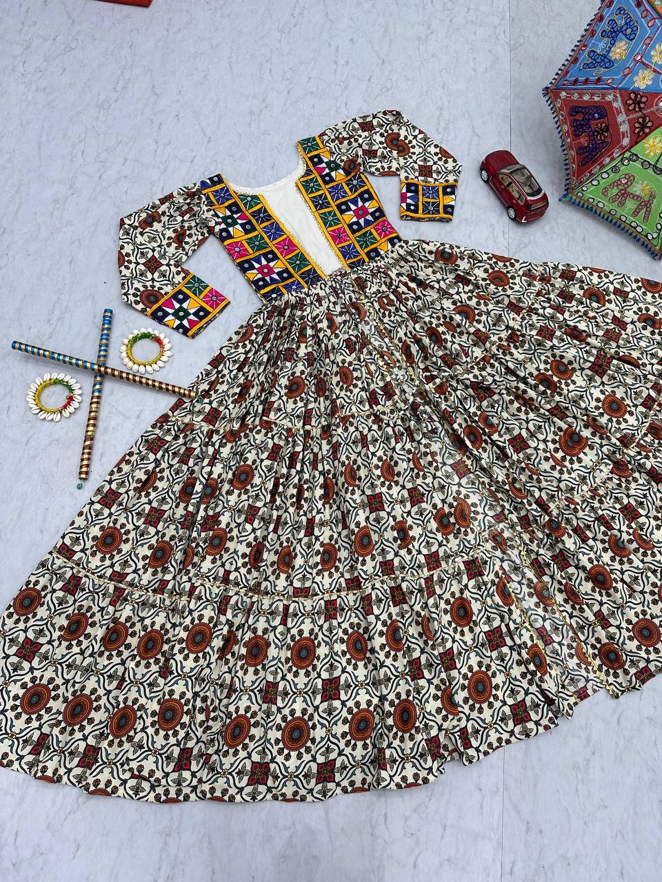 Navratri Collection Cream Color Pure Cotton Designer Lehenga Choli With Shrug