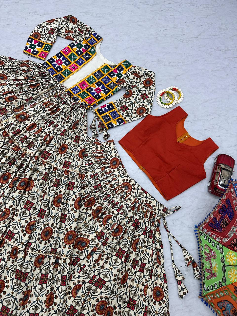 Navratri Collection Cream Color Pure Cotton Designer Lehenga Choli With Shrug