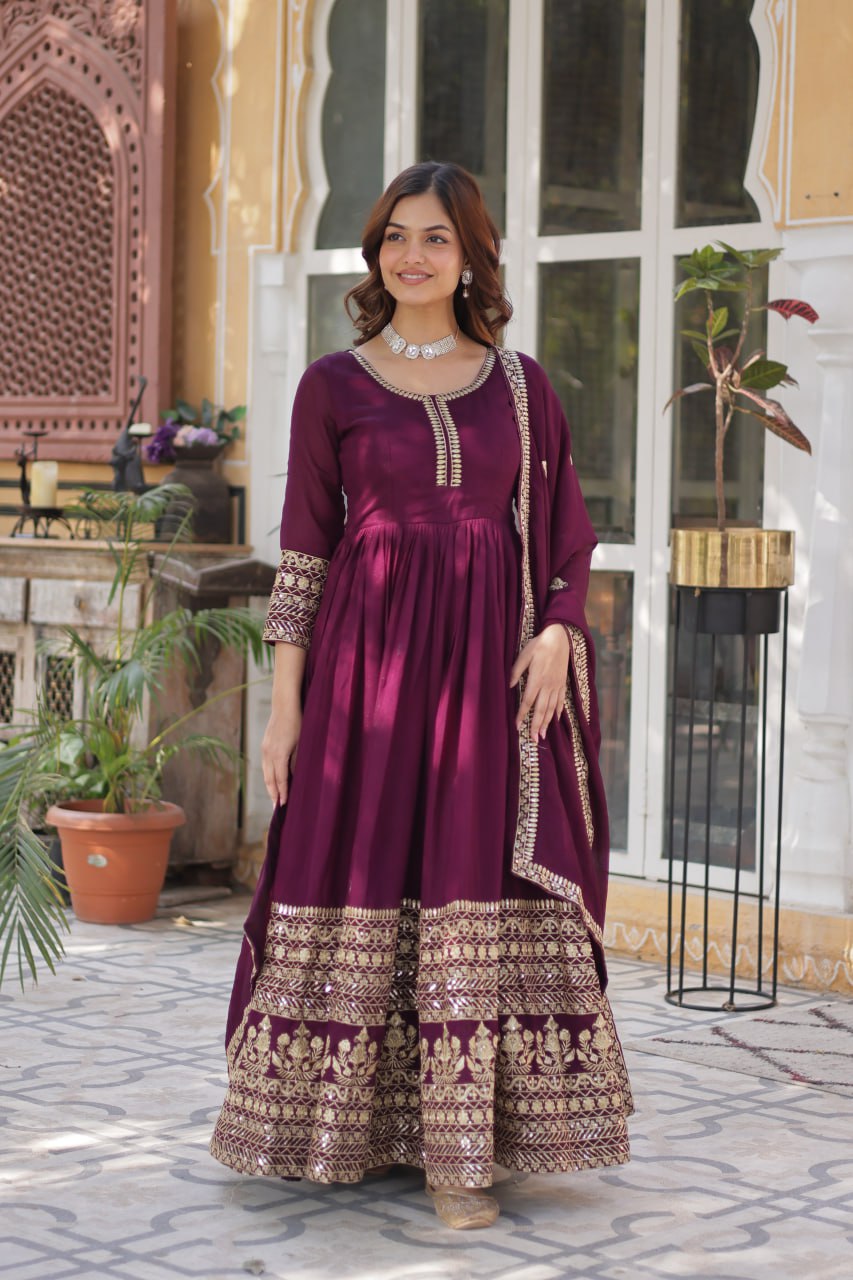 Stunning Wine Color Shimmer Vichitra With Rich Sequins Embroidered Work Designer Gown
