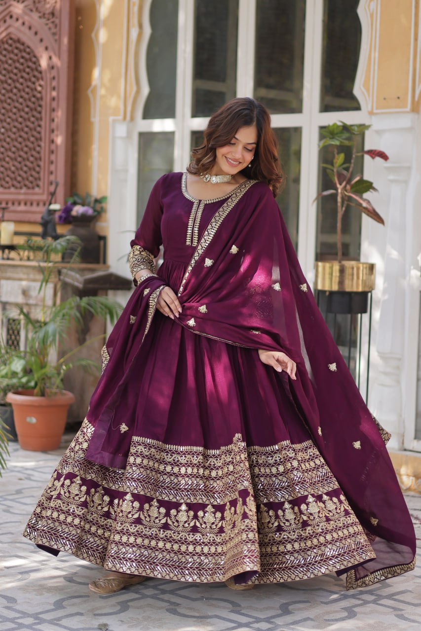 Stunning Wine Color Shimmer Vichitra With Rich Sequins Embroidered Work Designer Gown