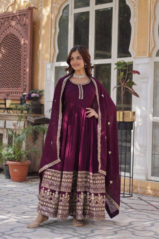Stunning Wine Color Shimmer Vichitra With Rich Sequins Embroidered Work Designer Gown