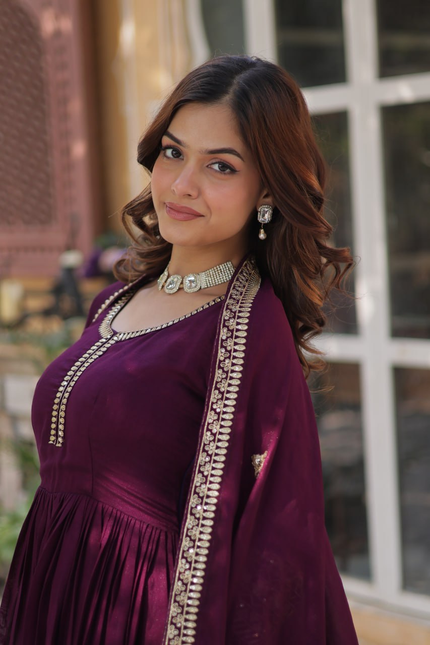 Stunning Wine Color Shimmer Vichitra With Rich Sequins Embroidered Work Designer Gown