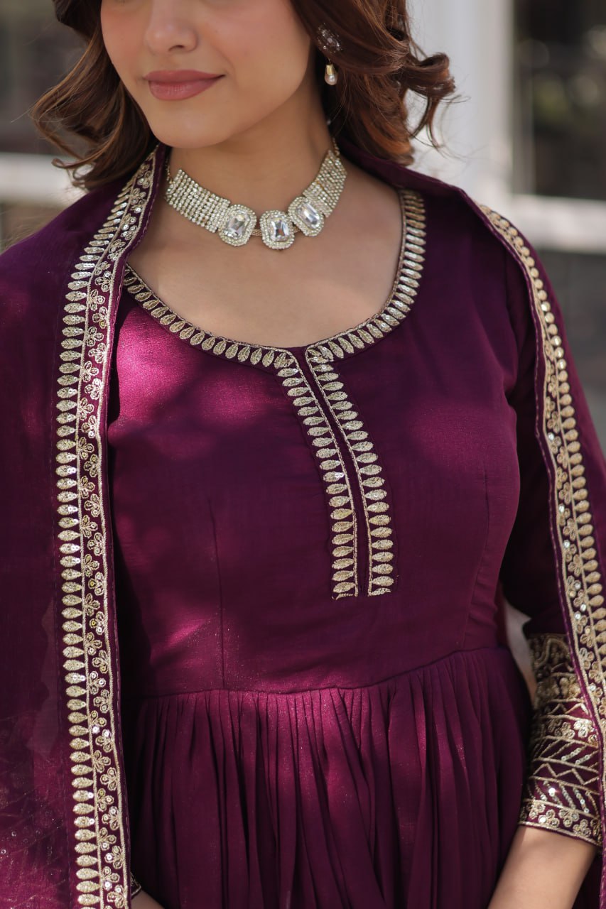 Stunning Wine Color Shimmer Vichitra With Rich Sequins Embroidered Work Designer Gown