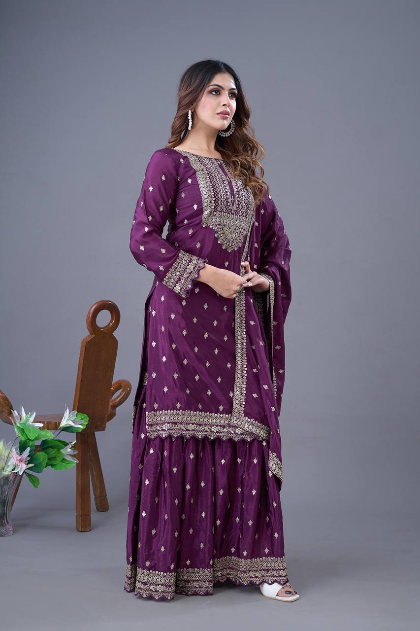 Exclusive Purple Color Chinon Silk With Heavy Embroidery Sequence Work Sharara Suit