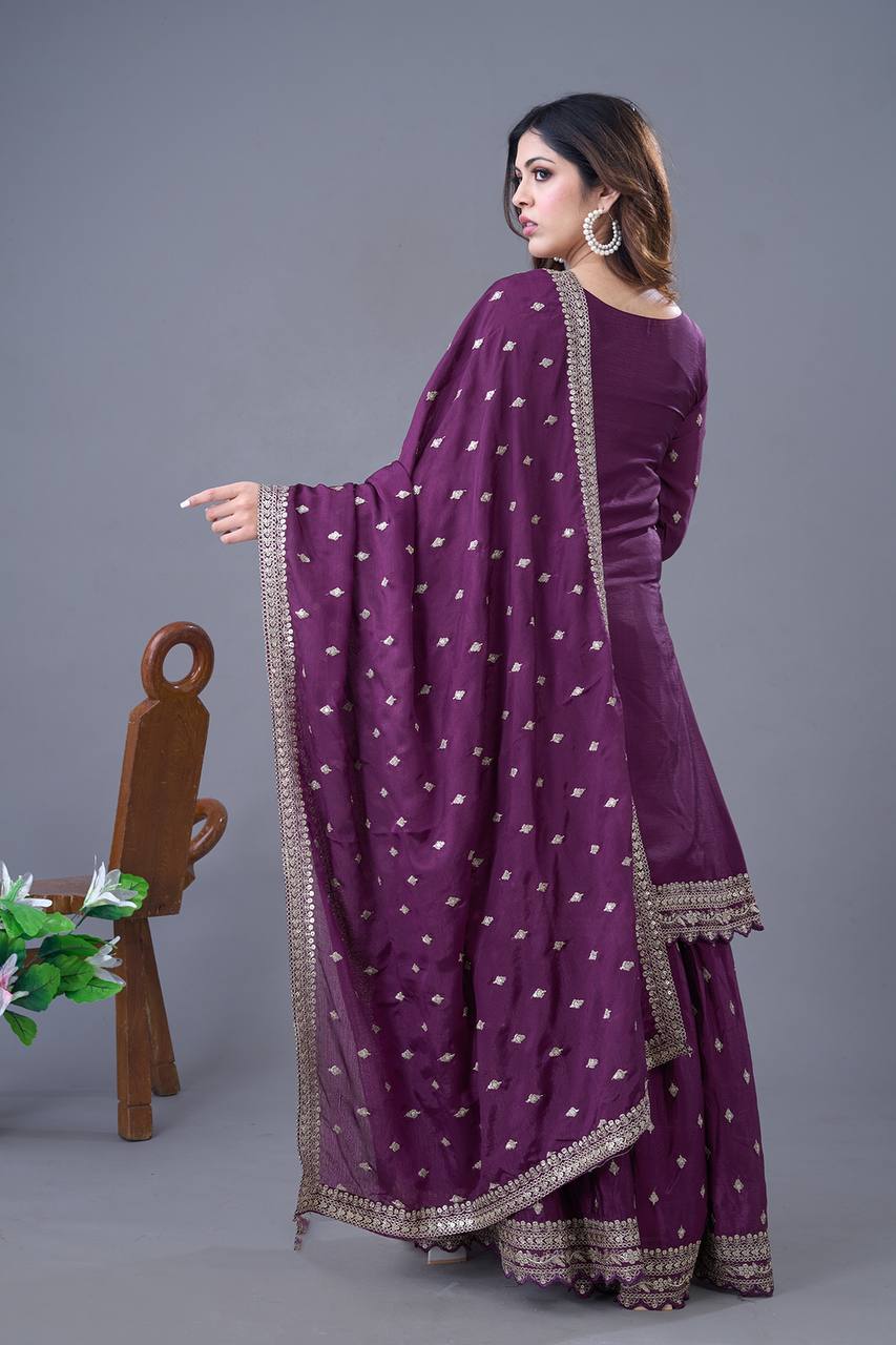 Exclusive Purple Color Chinon Silk With Heavy Embroidery Sequence Work Sharara Suit