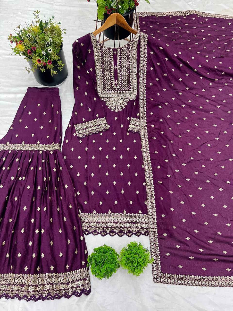 Exclusive Purple Color Chinon Silk With Heavy Embroidery Sequence Work Sharara Suit