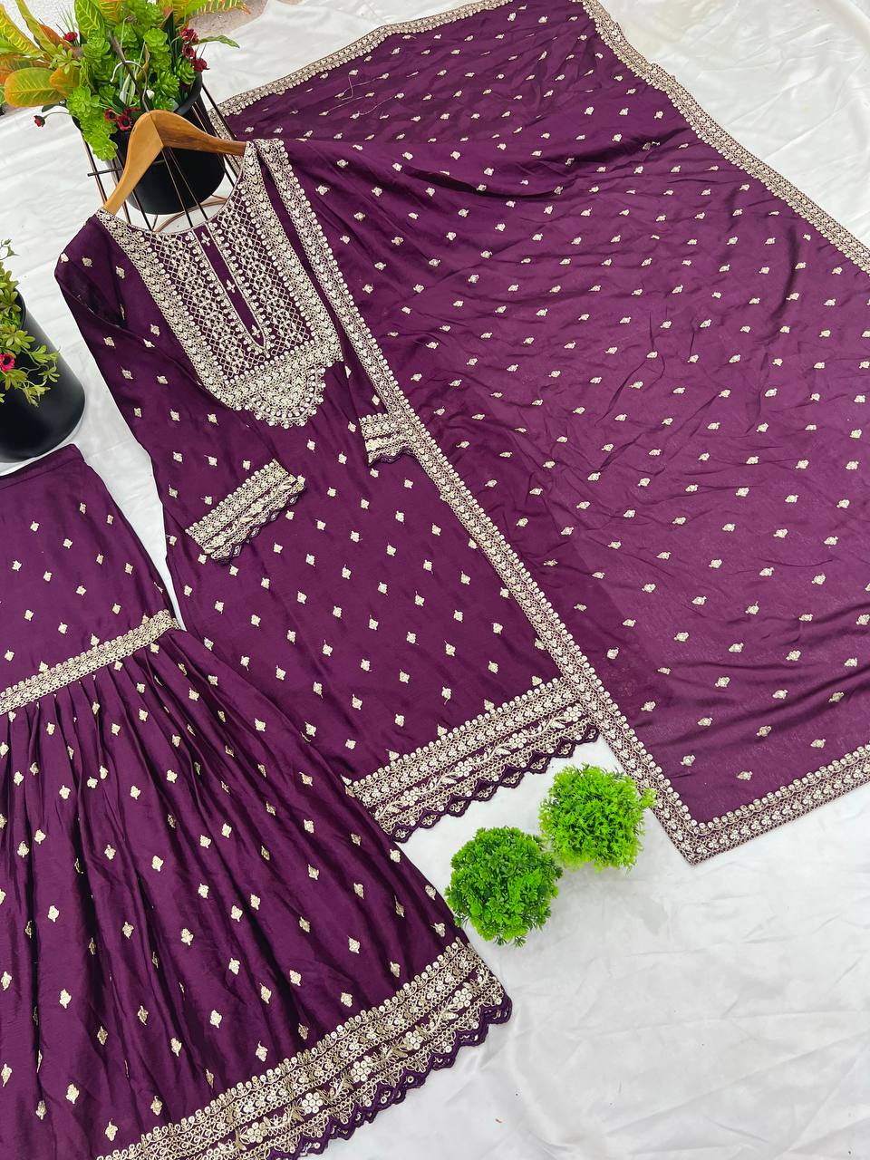 Exclusive Purple Color Chinon Silk With Heavy Embroidery Sequence Work Sharara Suit
