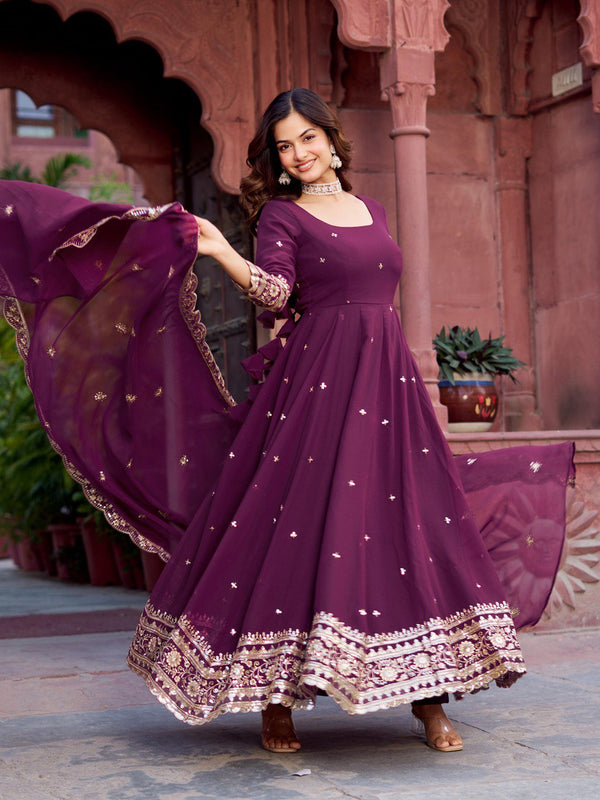 Exclusive WIne Color Faux Georgette Thread With Sequence Work Gown