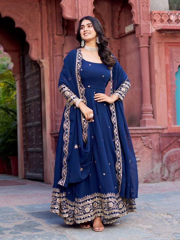 Exclusive Navy Color Faux Georgette Thread With Sequence Work Gown