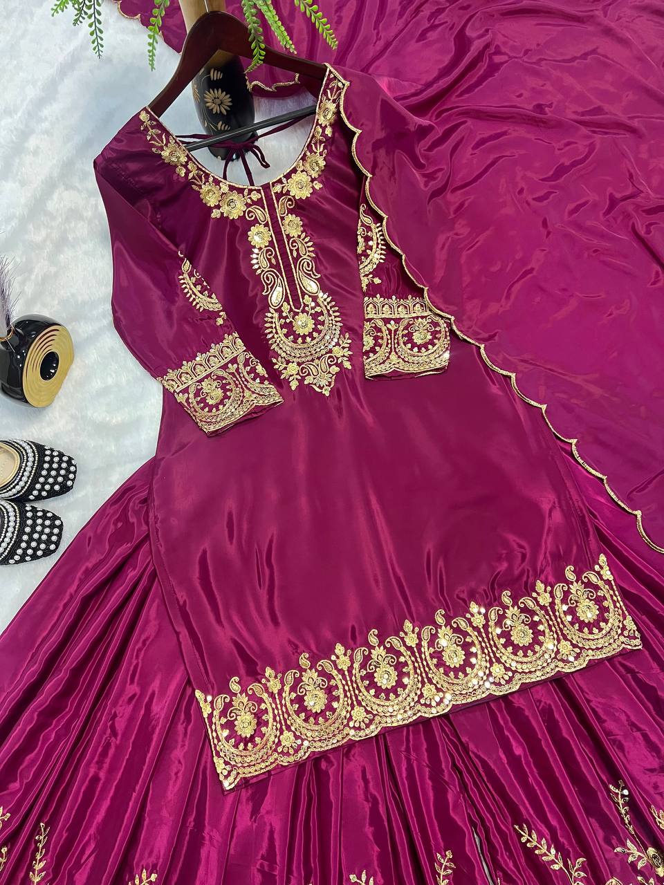 Bollywood Style Wine Color Pure Heavy Natural Crep Silk With Heavy Embroidery Work Sharara Suit