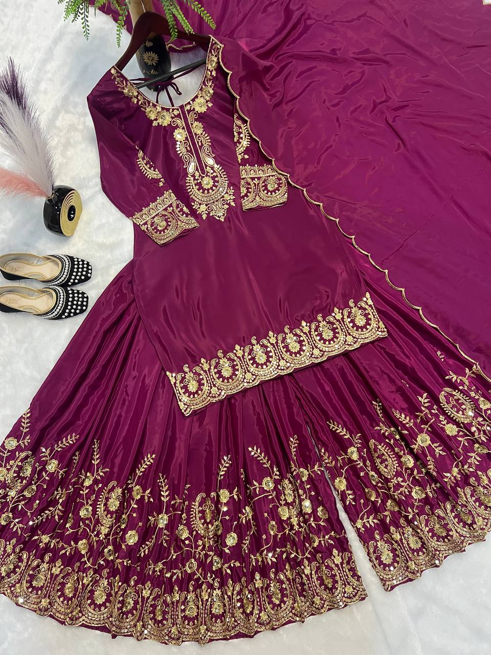Bollywood Style Wine Color Pure Heavy Natural Crep Silk With Heavy Embroidery Work Sharara Suit