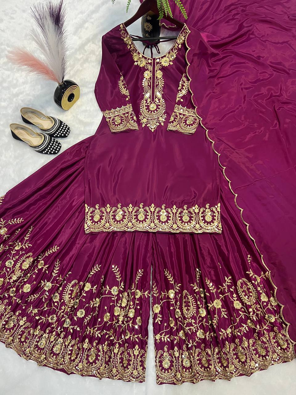 Bollywood Style Wine Color Pure Heavy Natural Crep Silk With Heavy Embroidery Work Sharara Suit