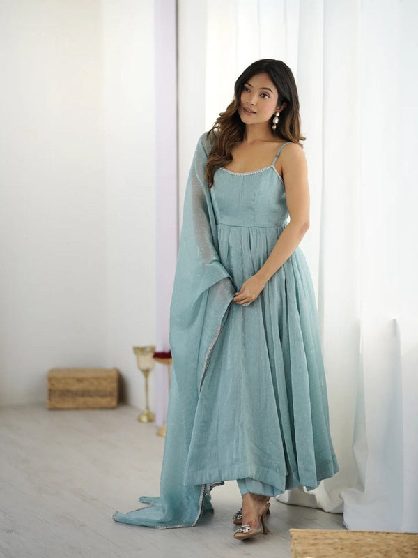 Wedding Wear Sky Blue Crunch Silk And Hot fixing Work Designer Gown