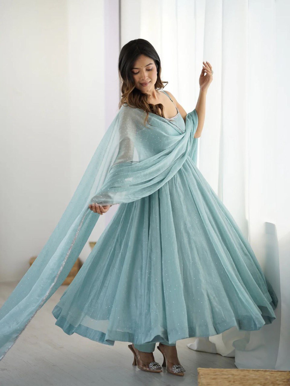 Wedding Wear Sky Blue Crunch Silk And Hot fixing Work Designer Gown