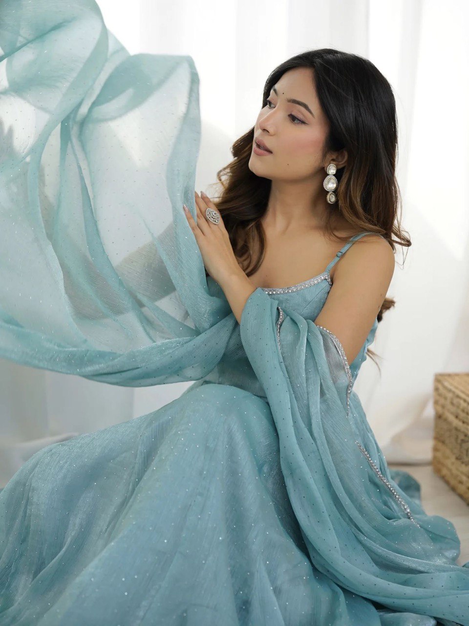 Wedding Wear Sky Blue Crunch Silk And Hot fixing Work Designer Gown