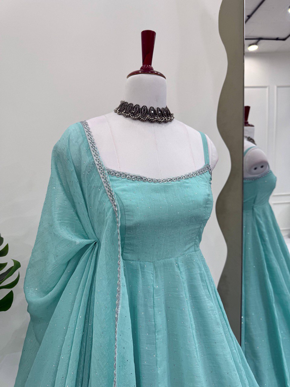 Wedding Wear Sky Blue Crunch Silk And Hot fixing Work Designer Gown