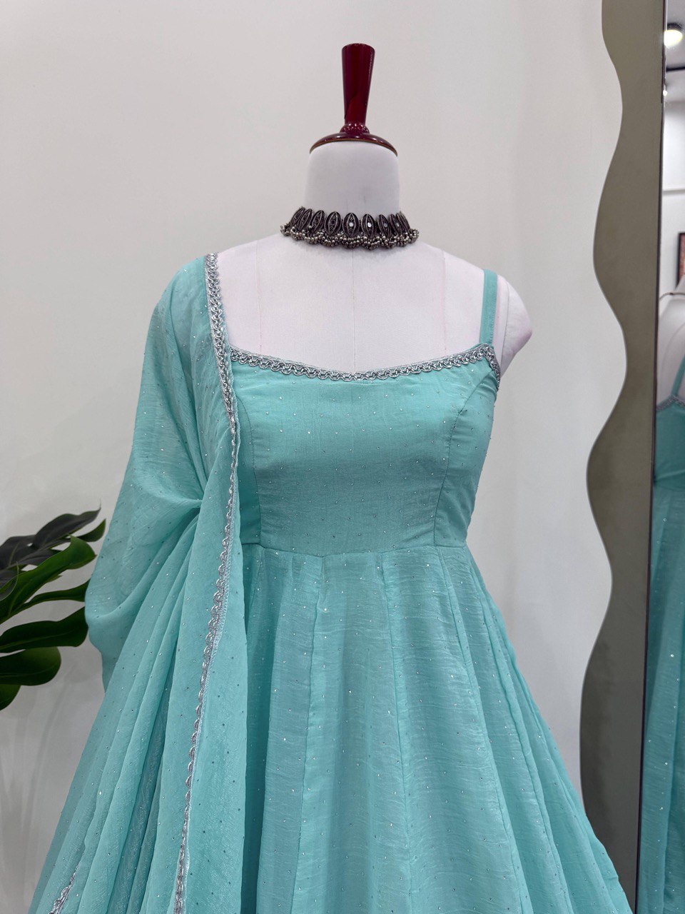 Wedding Wear Sky Blue Crunch Silk And Hot fixing Work Designer Gown