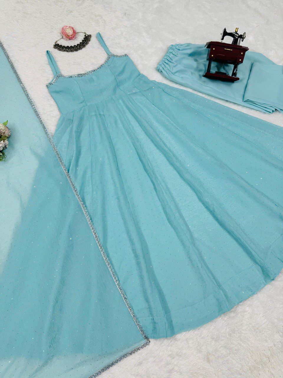Wedding Wear Sky Blue Crunch Silk And Hot fixing Work Designer Gown