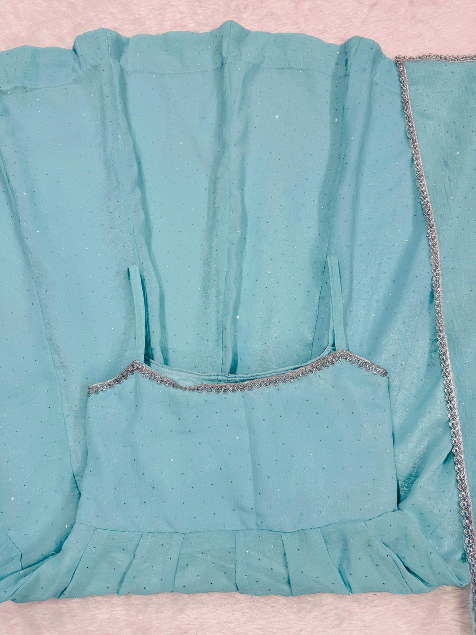 Wedding Wear Sky Blue Crunch Silk And Hot fixing Work Designer Gown
