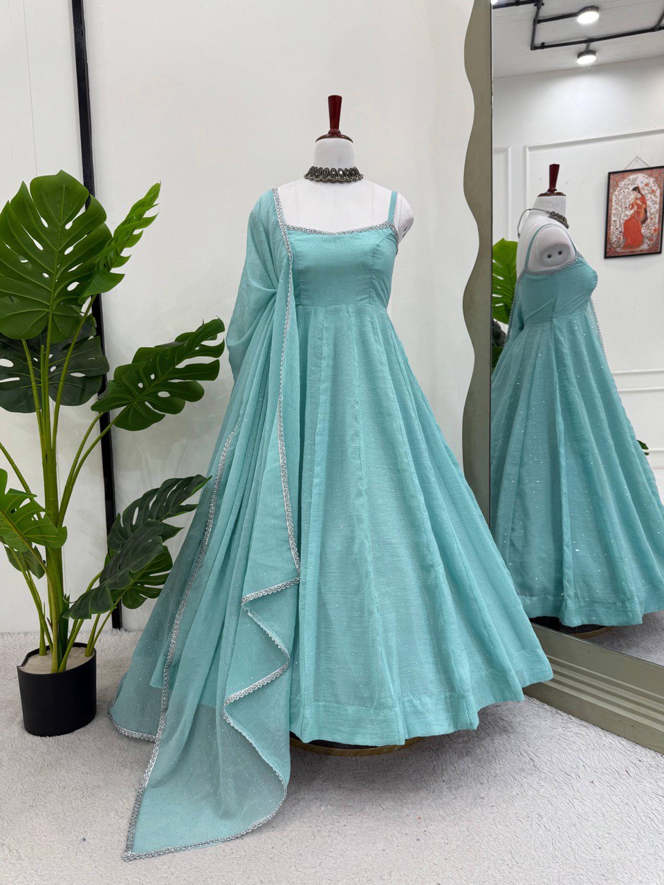 Wedding Wear Sky Blue Crunch Silk And Hot fixing Work Designer Gown