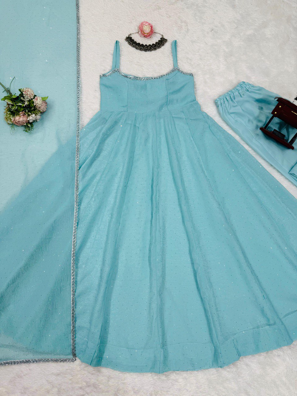 Wedding Wear Sky Blue Crunch Silk And Hot fixing Work Designer Gown