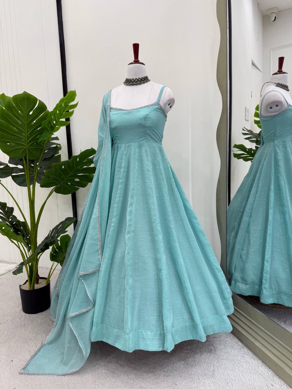 Wedding Wear Sky Blue Crunch Silk And Hot fixing Work Designer Gown
