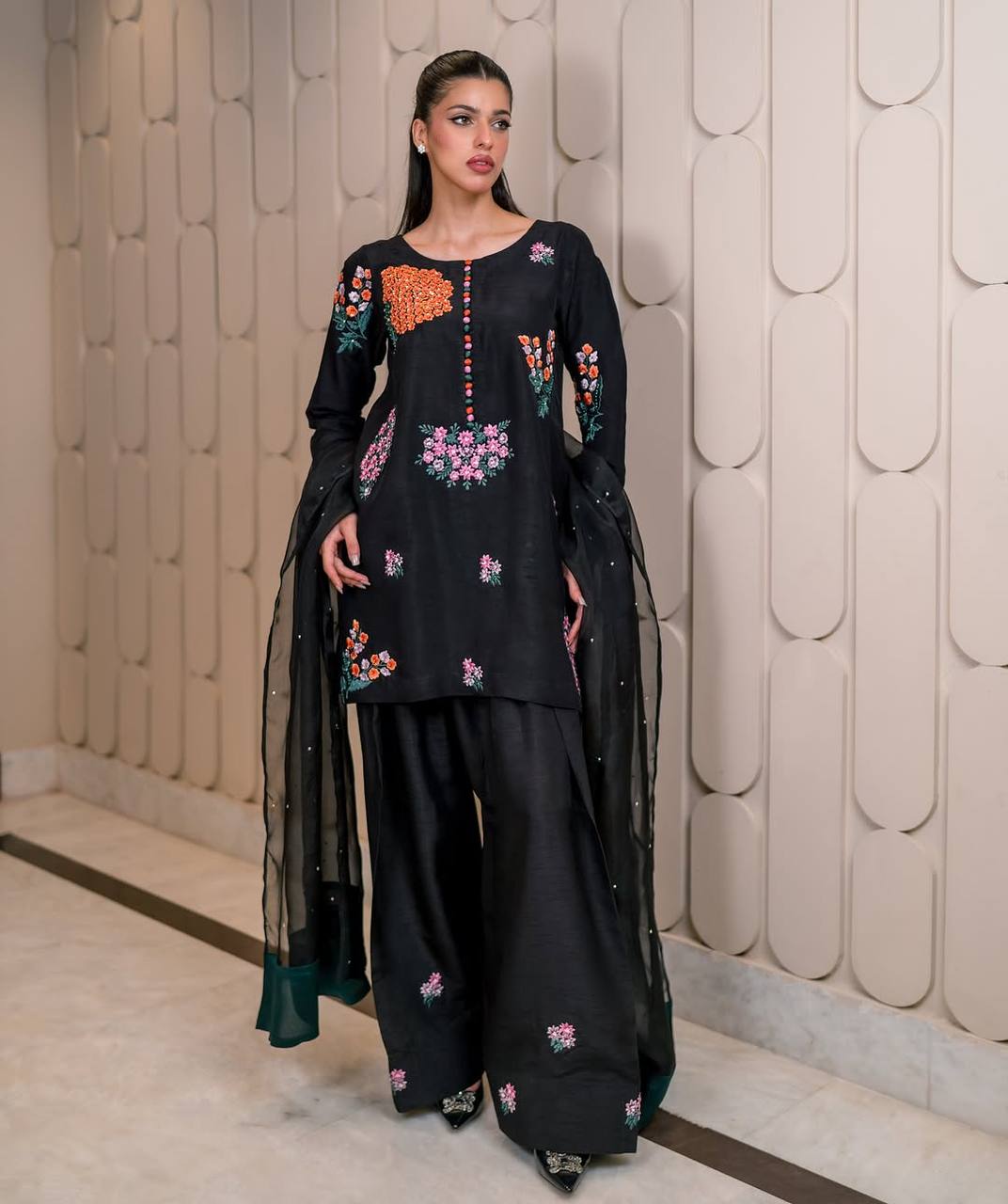 Exclusive Black Color Pure Natural Crep Silk With Embroidery Sequence Work Palazzo Suit