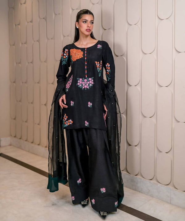 Exclusive Black Color Pure Natural Crep Silk With Embroidery Sequence Work Palazzo Suit