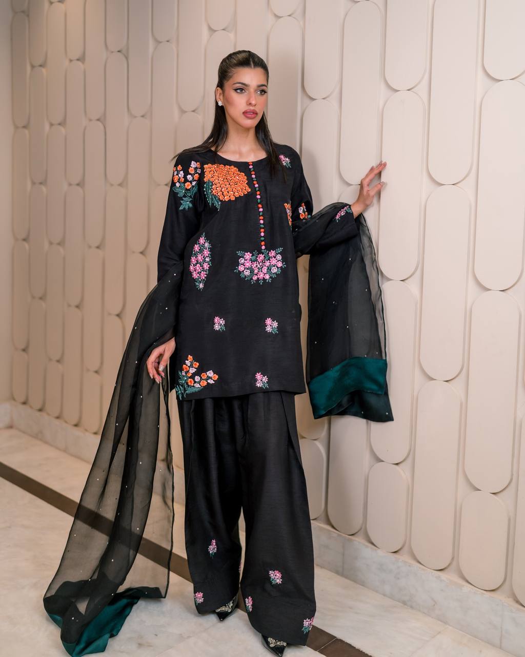 Exclusive Black Color Pure Natural Crep Silk With Embroidery Sequence Work Palazzo Suit