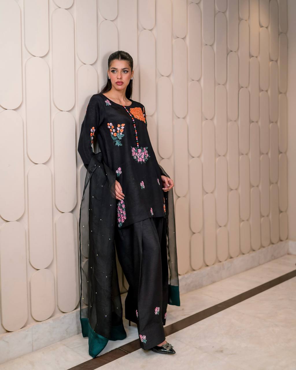 Exclusive Black Color Pure Natural Crep Silk With Embroidery Sequence Work Palazzo Suit