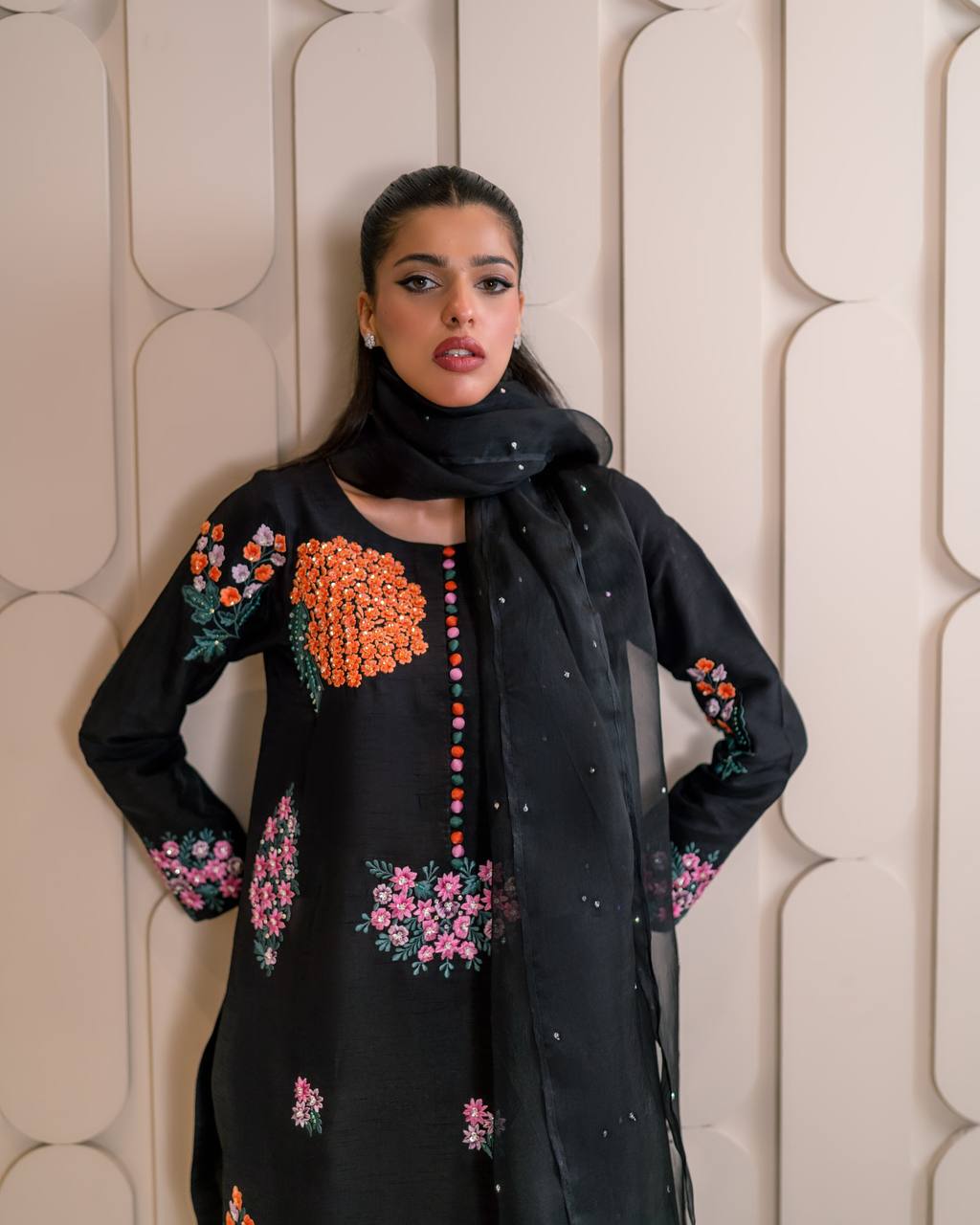 Exclusive Black Color Pure Natural Crep Silk With Embroidery Sequence Work Palazzo Suit