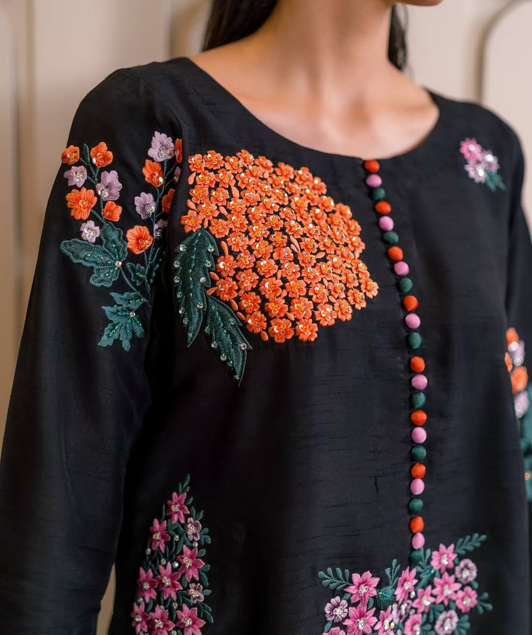 Exclusive Black Color Pure Natural Crep Silk With Embroidery Sequence Work Palazzo Suit
