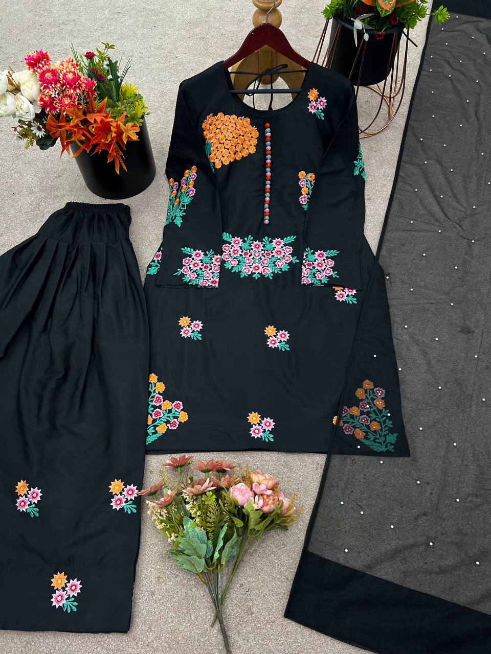 Exclusive Black Color Pure Natural Crep Silk With Embroidery Sequence Work Palazzo Suit