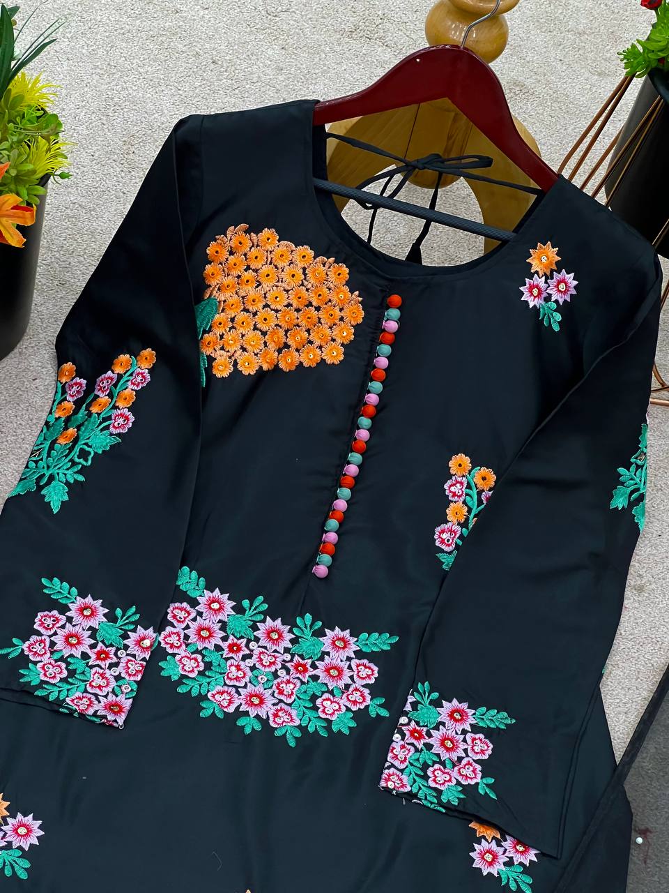 Exclusive Black Color Pure Natural Crep Silk With Embroidery Sequence Work Palazzo Suit