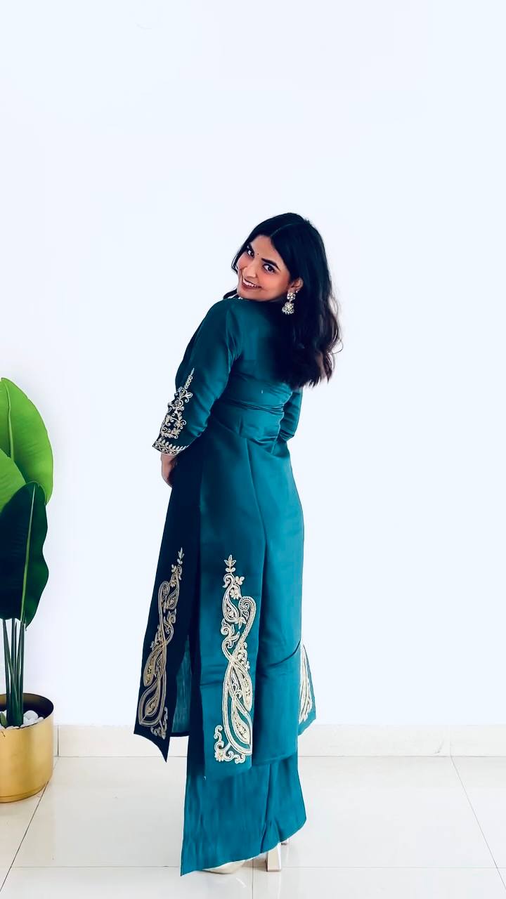 Casual Wear Teal Blue Color Heavy Roman Silk Embroidry Work Designer Palazzo Suit