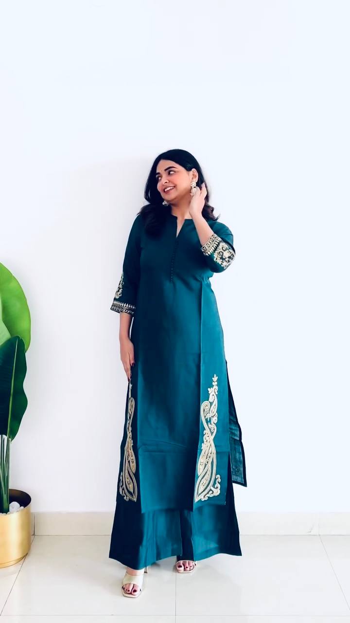 Casual Wear Teal Blue Color Heavy Roman Silk Embroidry Work Designer Palazzo Suit