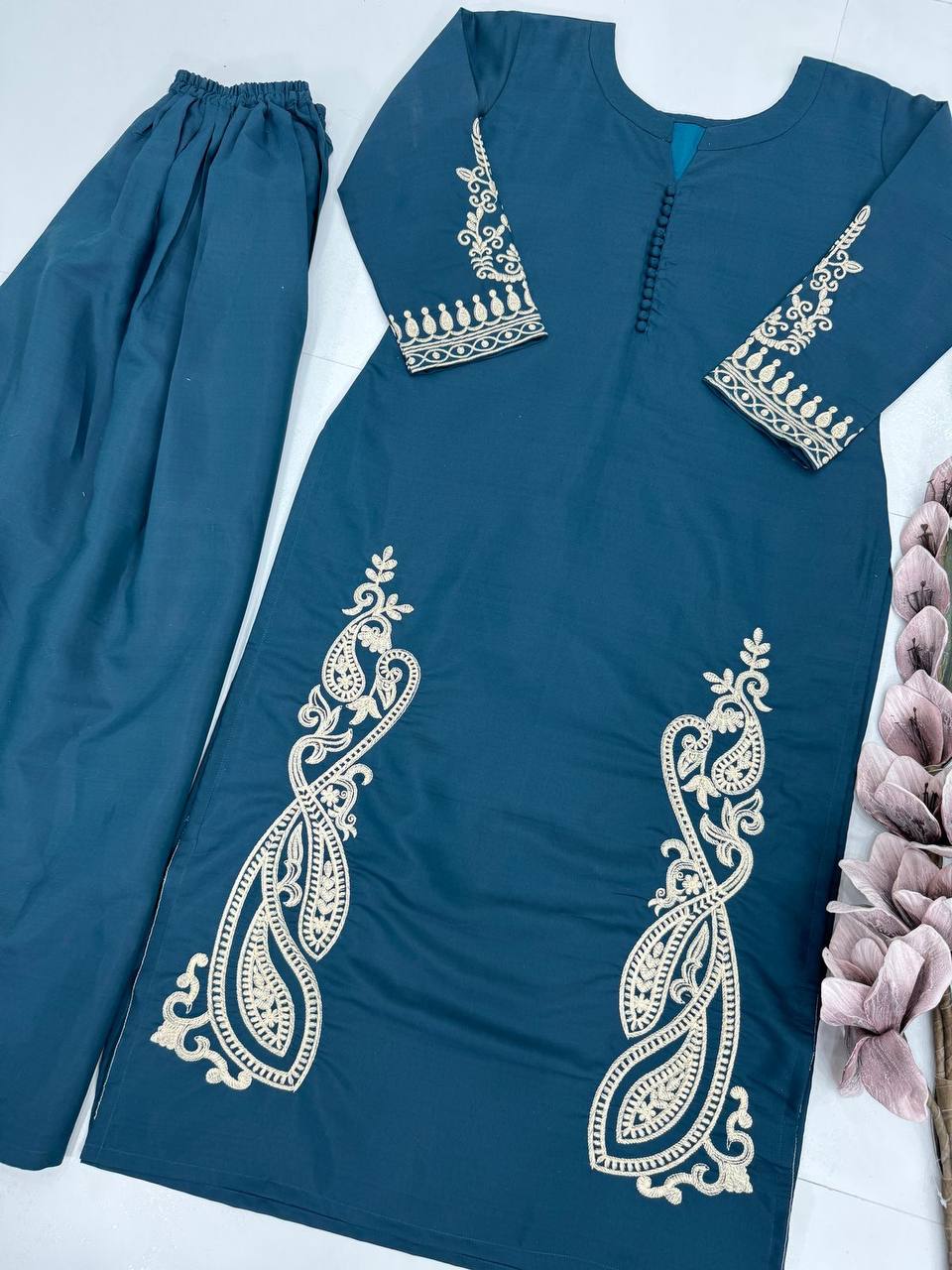 Casual Wear Teal Blue Color Heavy Roman Silk Embroidry Work Designer Palazzo Suit
