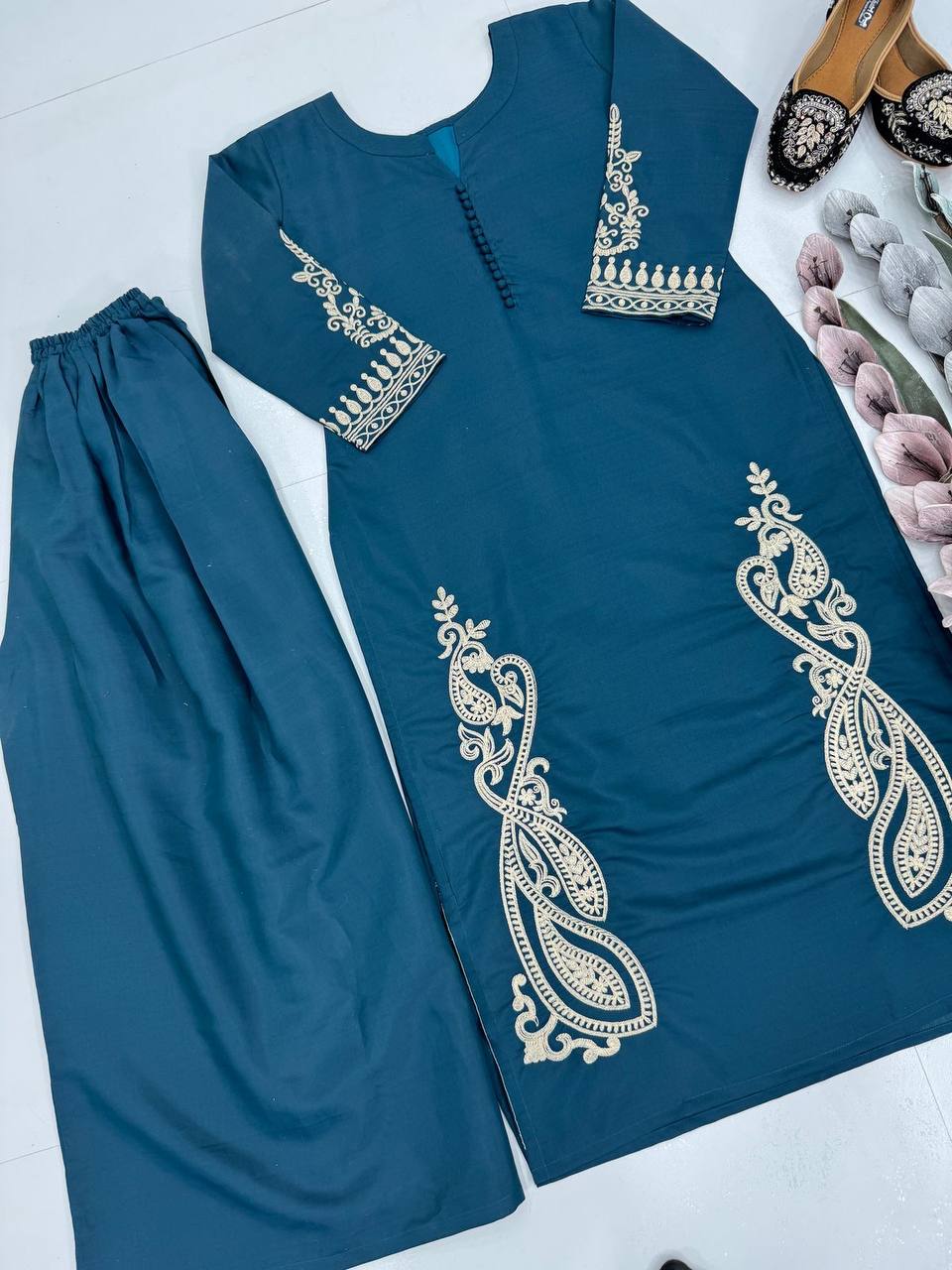 Casual Wear Teal Blue Color Heavy Roman Silk Embroidry Work Designer Palazzo Suit