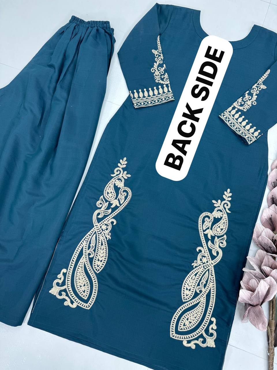 Casual Wear Teal Blue Color Heavy Roman Silk Embroidry Work Designer Palazzo Suit