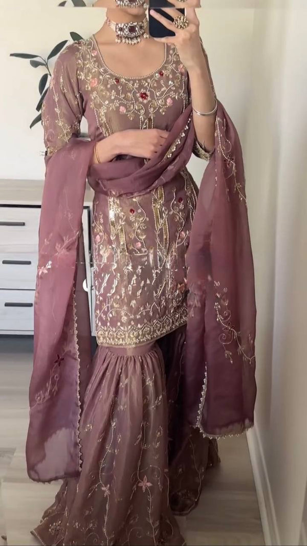 Party Wear Dusty Pink Pure Heavy Simmer Silk With Embroidery Sequence Work Sharara Suit