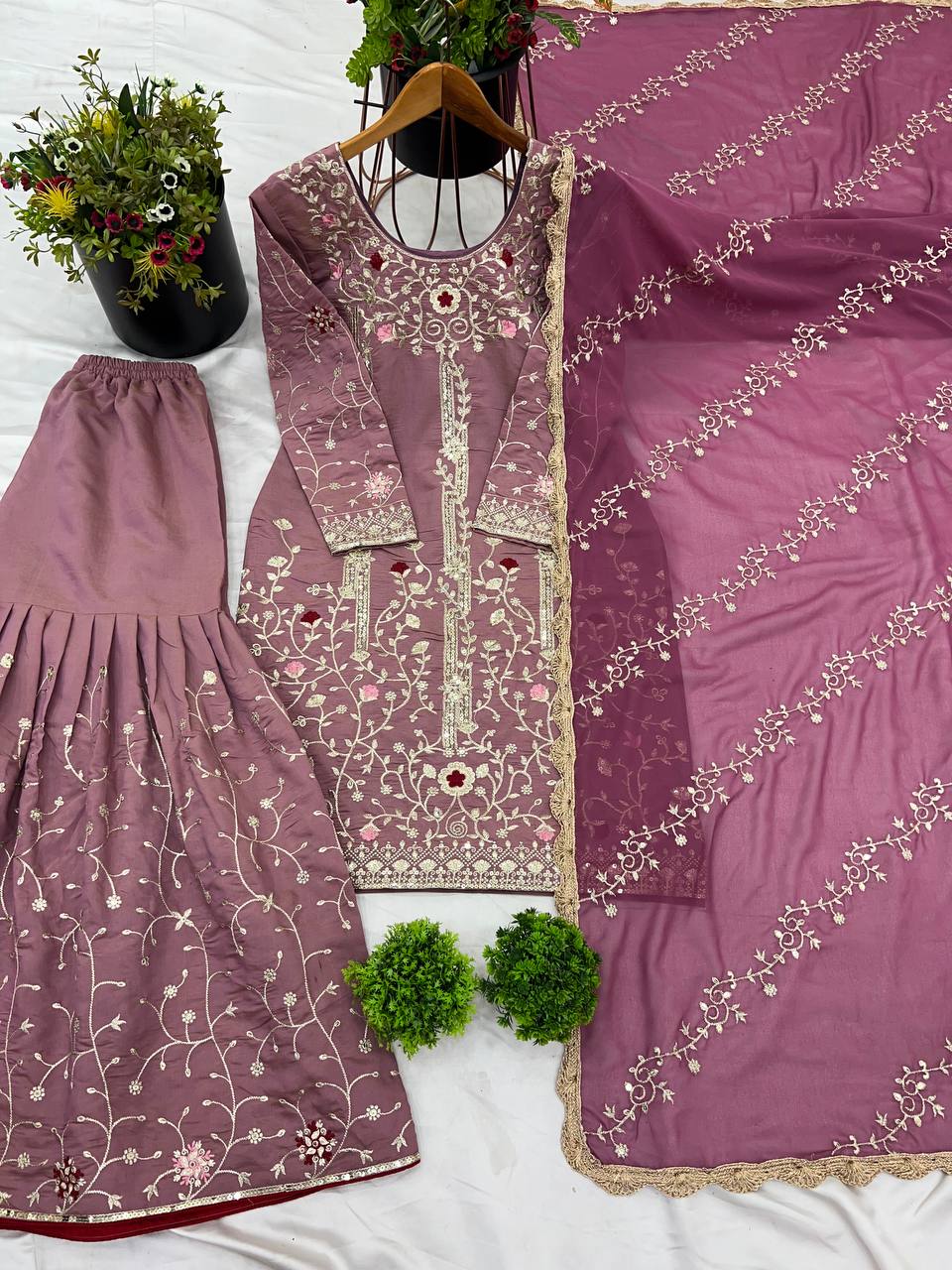 Party Wear Dusty Pink Pure Heavy Simmer Silk With Embroidery Sequence Work Sharara Suit