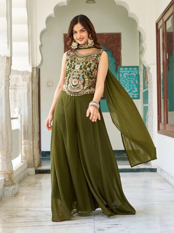 Party Wear Mahendi Green Star Georgette And Cording Sequence Work Palazzo Suit