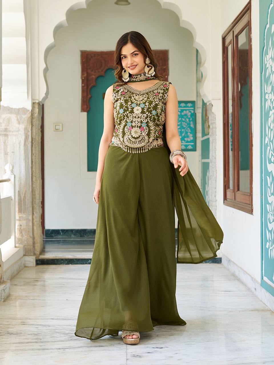 Party Wear Mahendi Green Star Georgette And Cording Sequence Work Palazzo Suit
