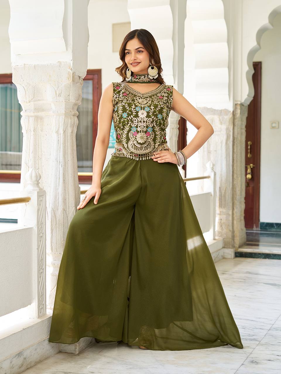 Party Wear Mahendi Green Star Georgette And Cording Sequence Work Palazzo Suit