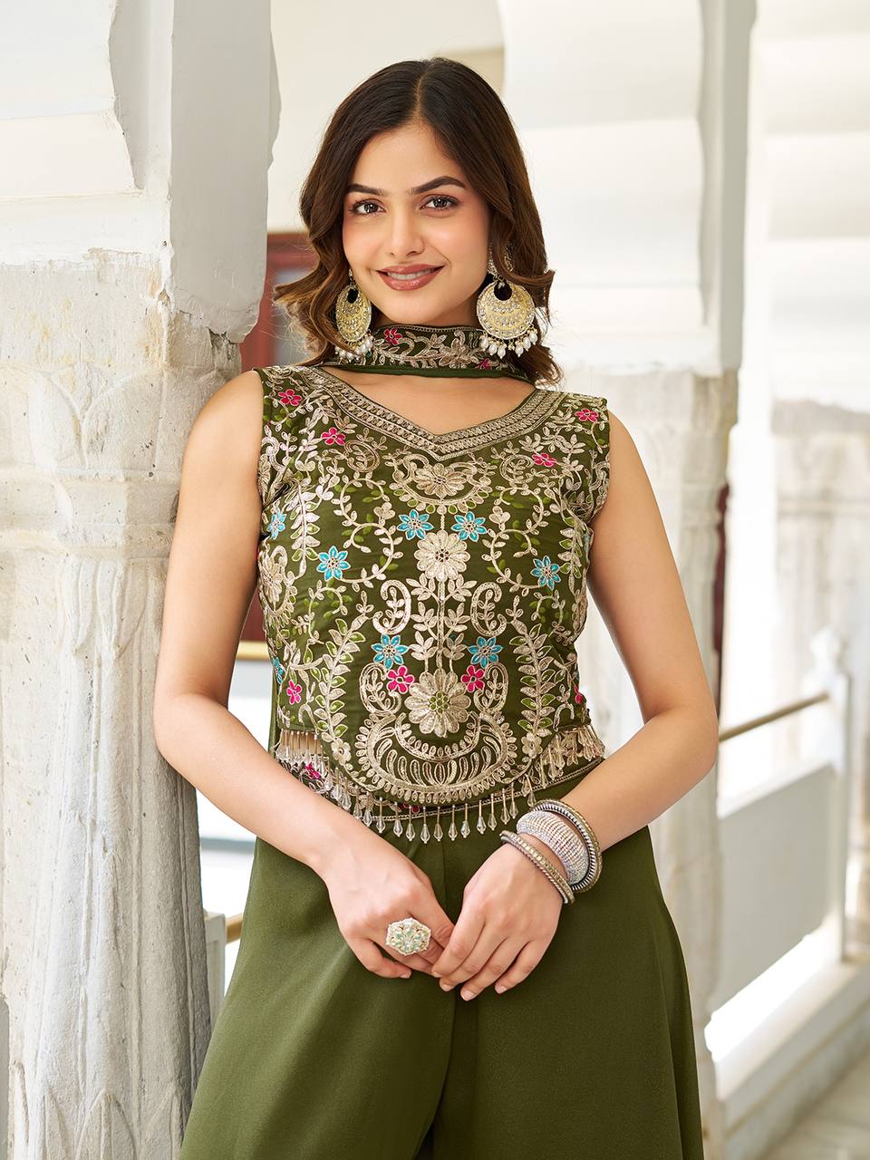 Party Wear Mahendi Green Star Georgette And Cording Sequence Work Palazzo Suit