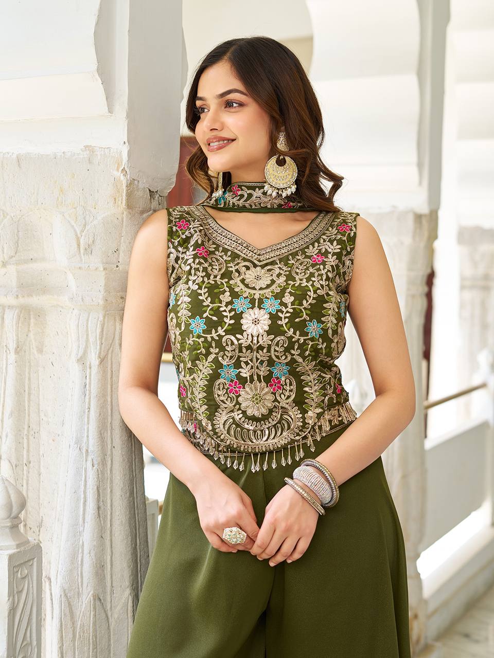 Party Wear Mahendi Green Star Georgette And Cording Sequence Work Palazzo Suit